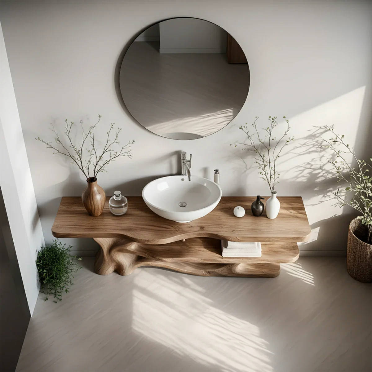Solid Wood Sculptural Bathroom Vanity with Organic Dual Shelves - Rustira