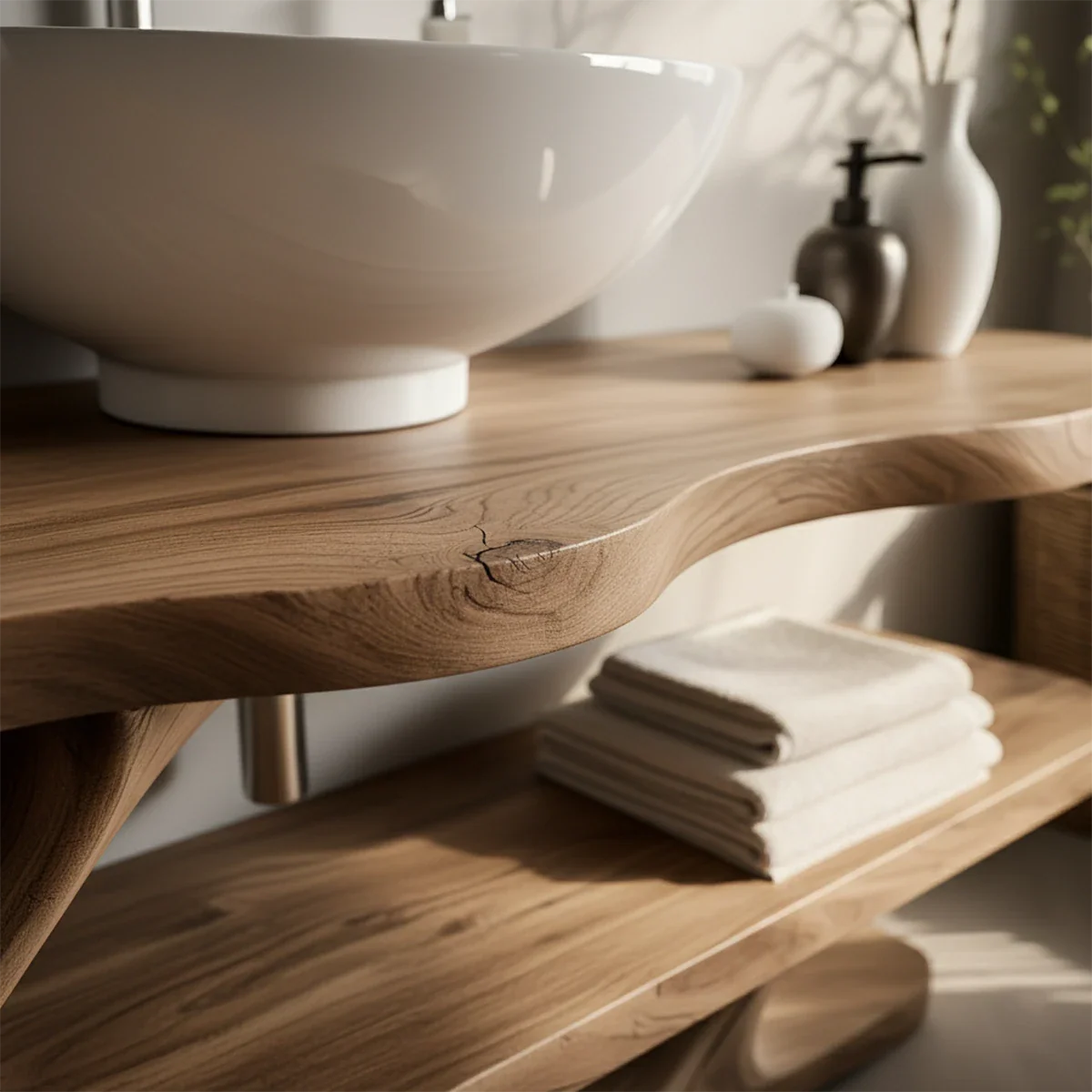 Solid Wood Sculptural Bathroom Vanity with Organic Dual Shelves - Rustira