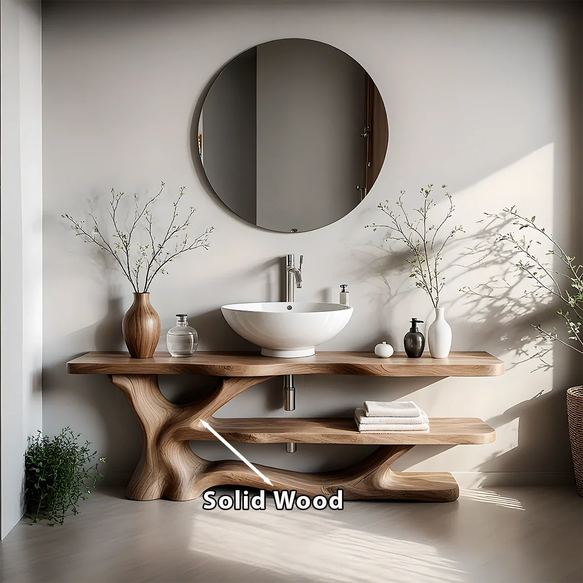 Solid Wood Sculptural Bathroom Vanity with Organic Dual Shelves - Rustira