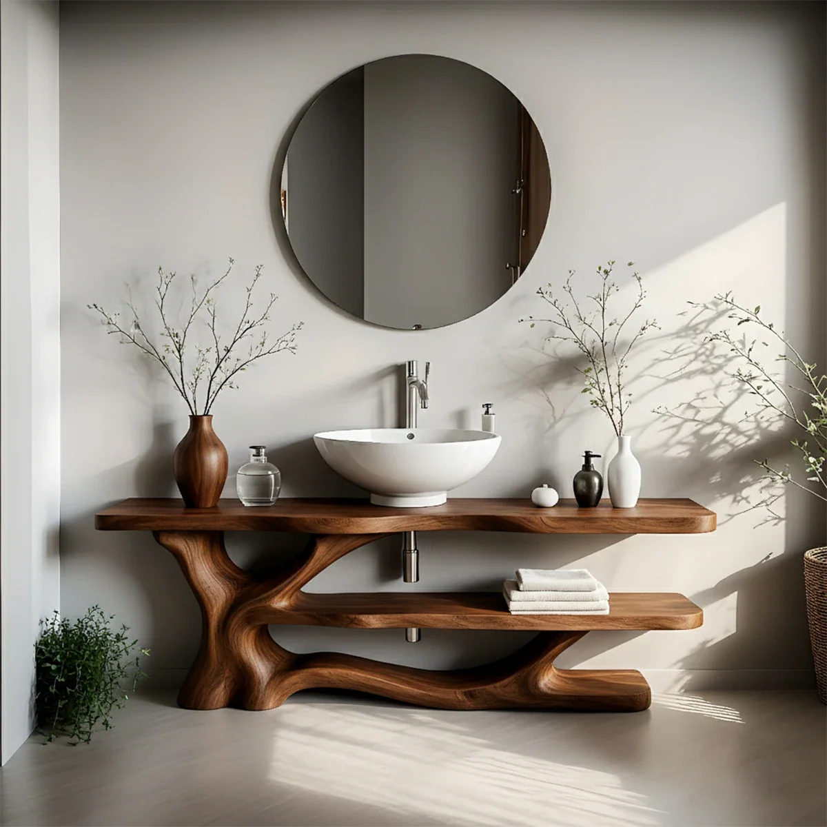 Solid Wood Sculptural Bathroom Vanity with Organic Dual Shelves - Rustira