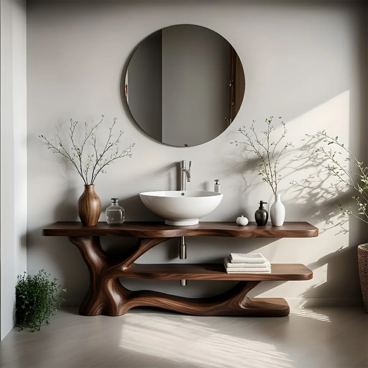 Solid Wood Sculptural Bathroom Vanity with Organic Dual Shelves - Rustira