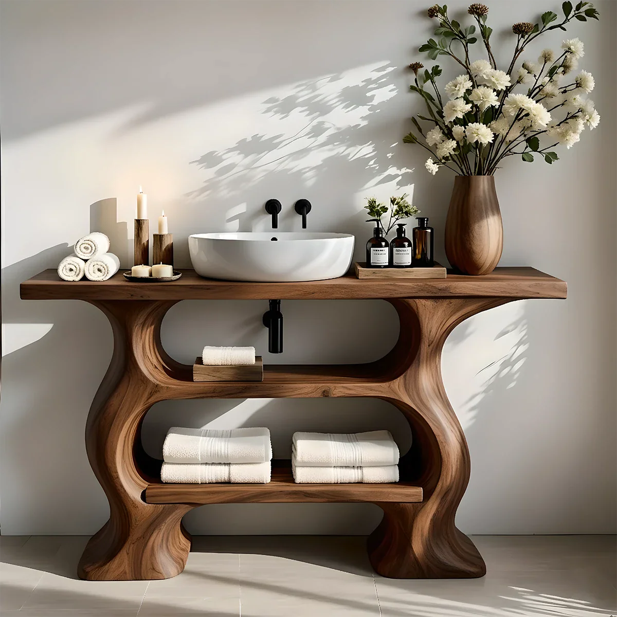 Solid Wood Sculptural Bathroom Vanity with Dual Storage Shelves - Rustira