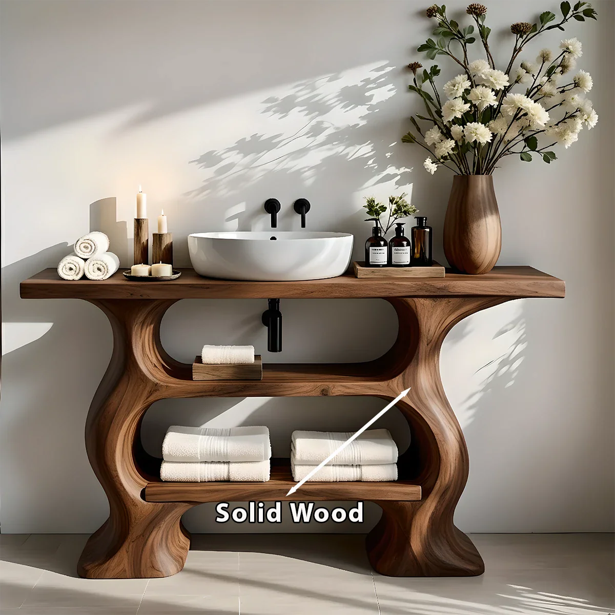 Solid Wood Sculptural Bathroom Vanity with Dual Storage Shelves - Rustira
