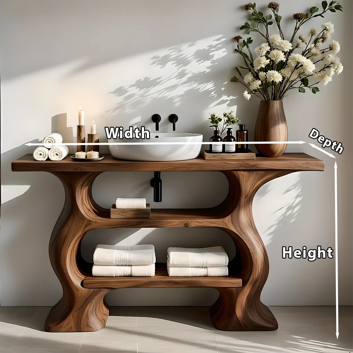 Solid Wood Sculptural Bathroom Vanity with Dual Storage Shelves - Rustira