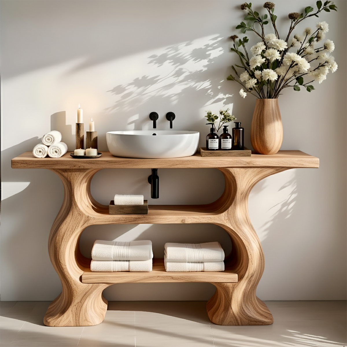 Solid Wood Sculptural Bathroom Vanity with Dual Storage Shelves - Rustira
