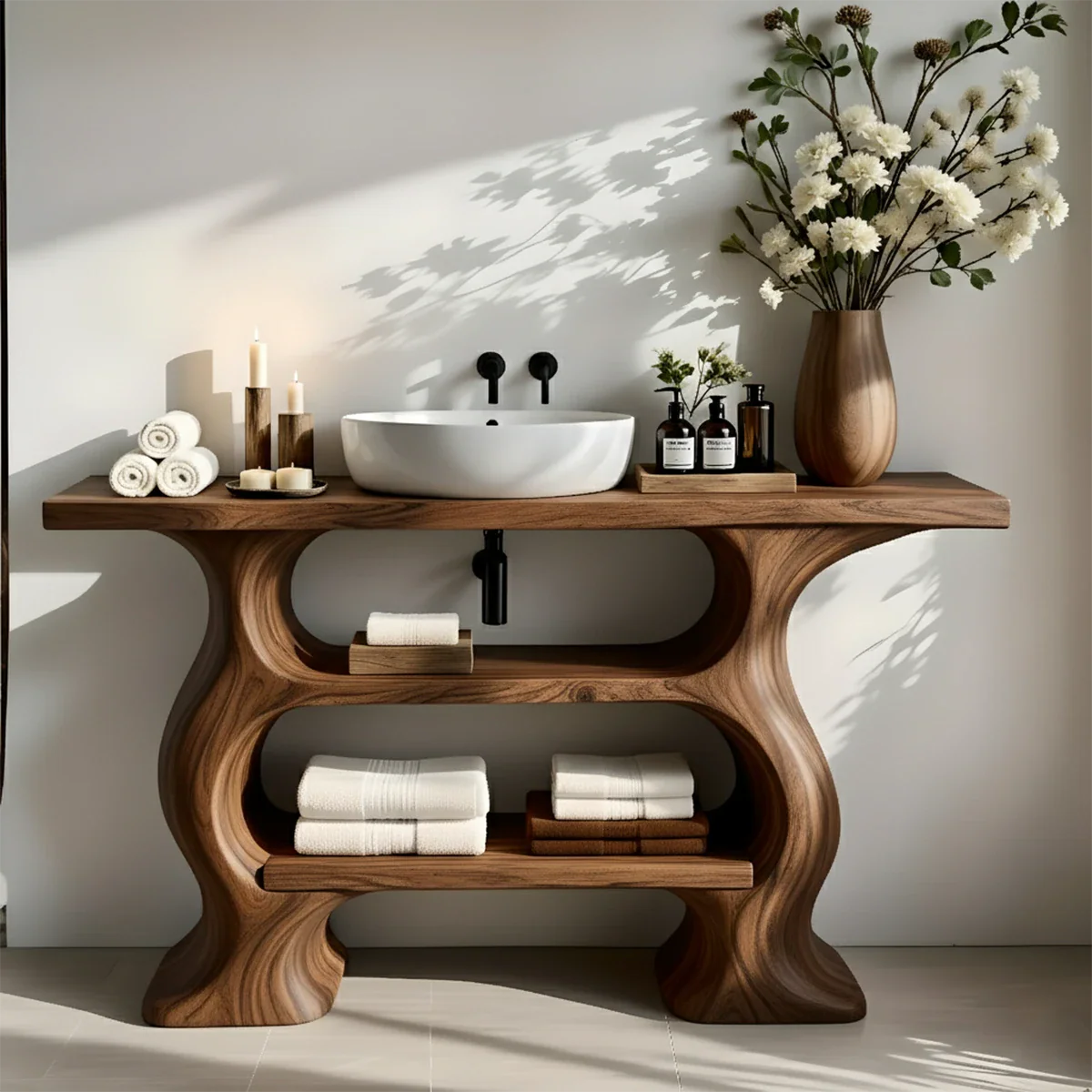 Solid Wood Sculptural Bathroom Vanity with Dual Storage Shelves - Rustira