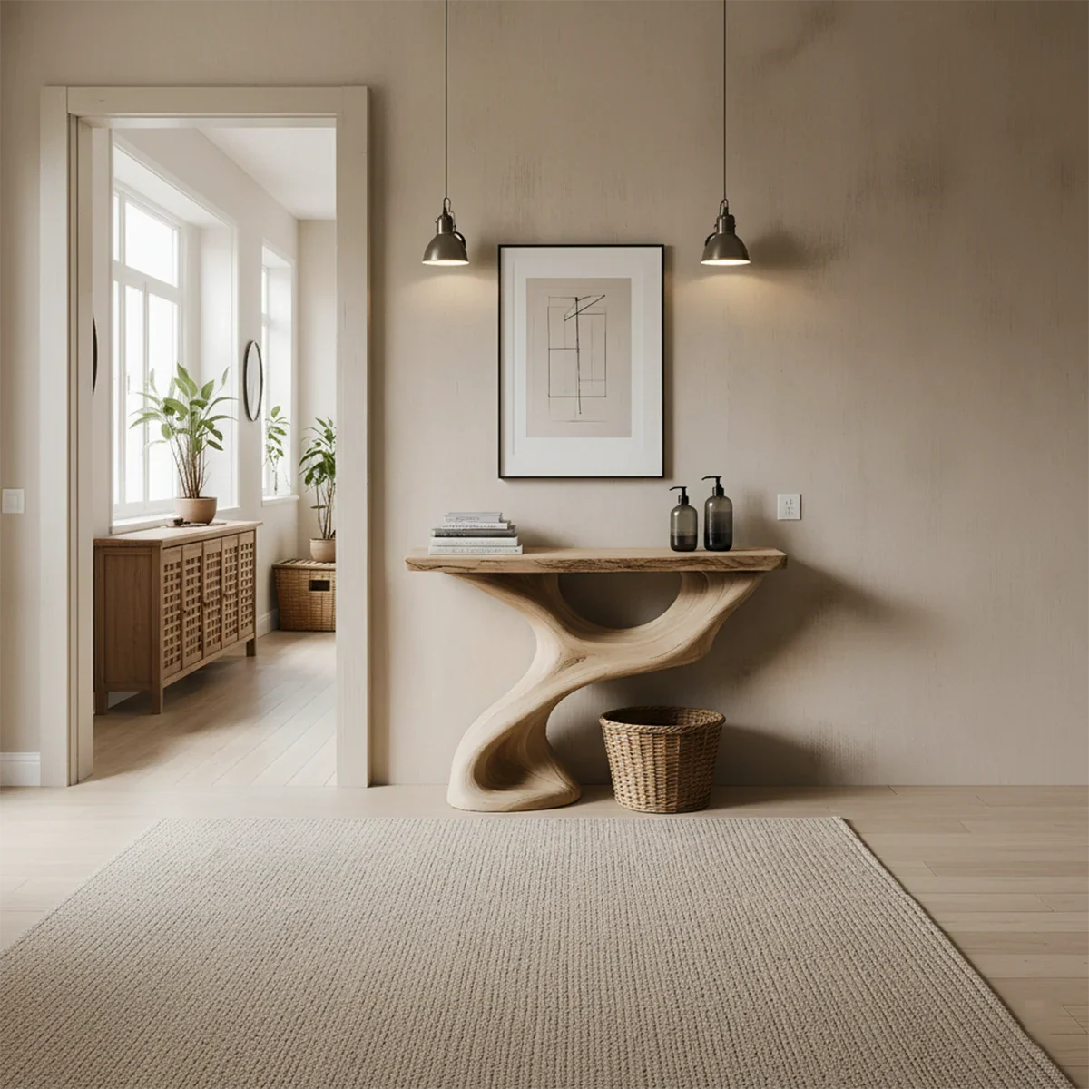 Solid Wood Sculptural Console Table – Organic Flow Form - Rustira