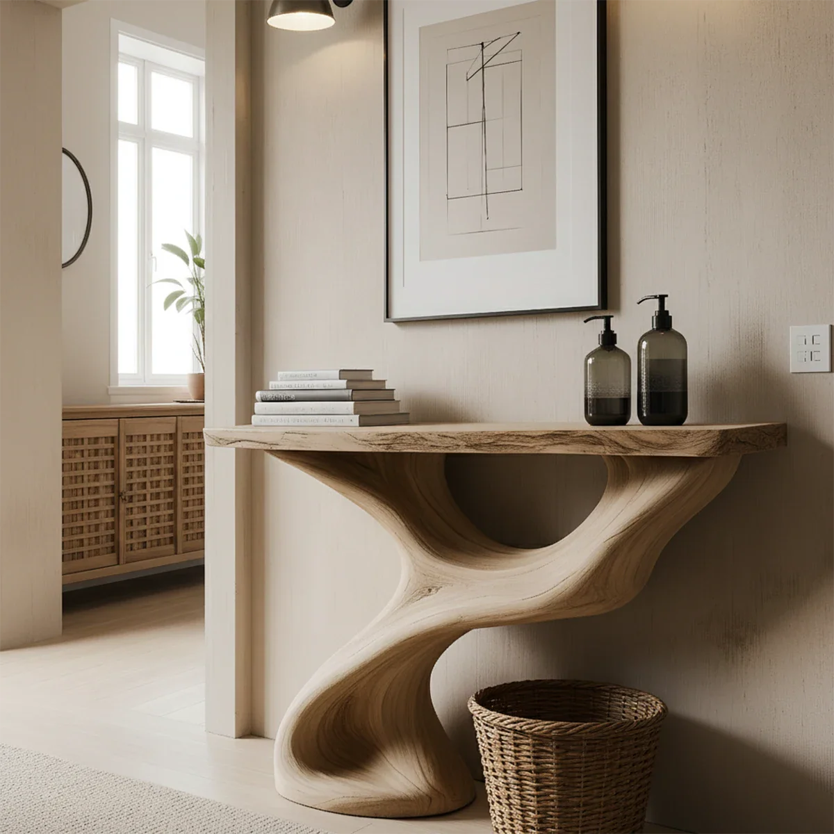 Solid Wood Sculptural Console Table – Organic Flow Form - Rustira