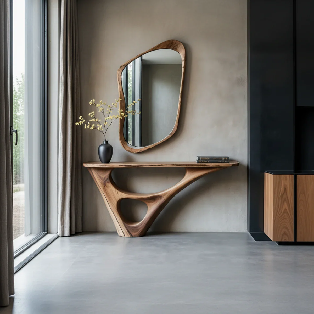 Solid Wood Sculptural Console Table with Fluid Carved Base - Rustira