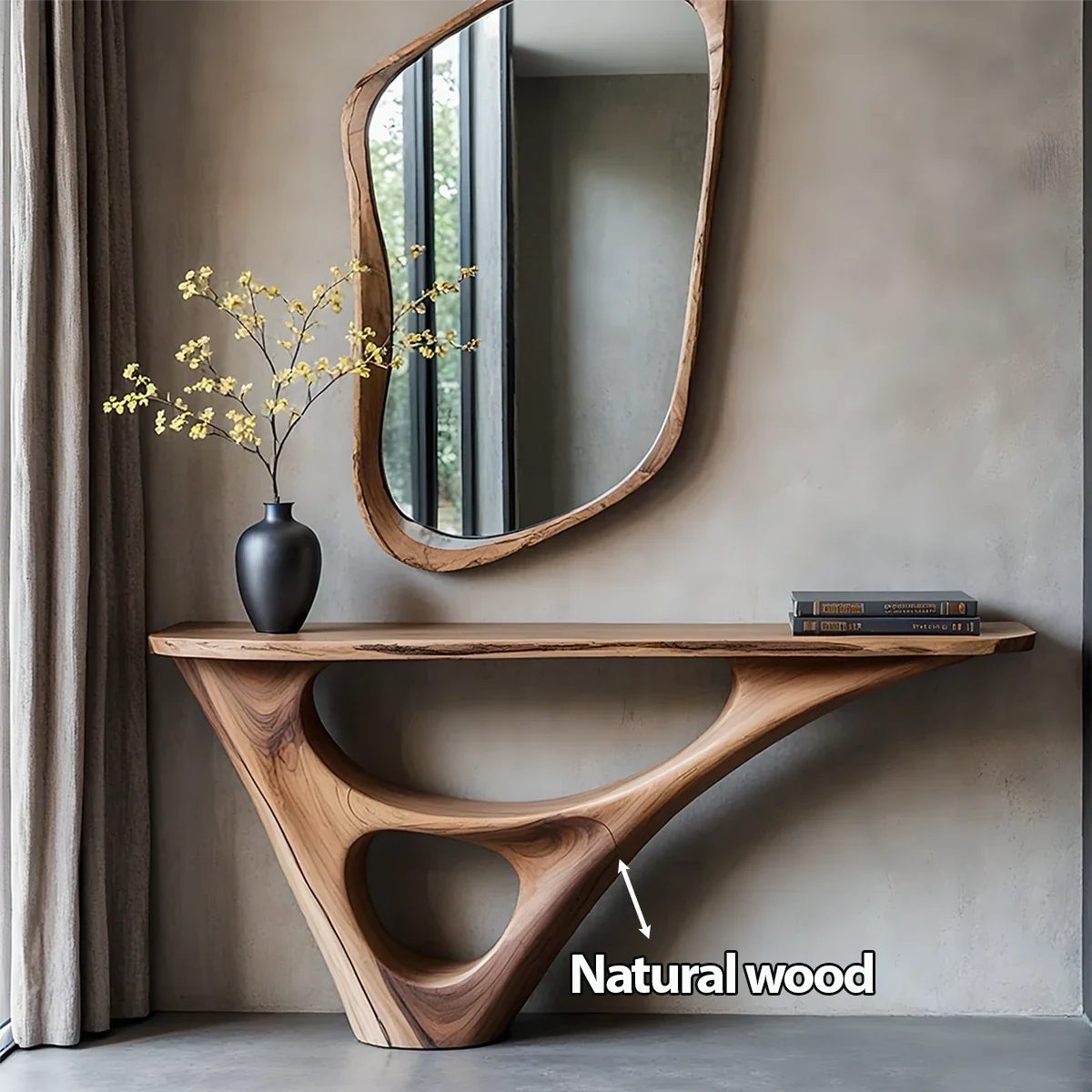 Solid Wood Sculptural Console Table with Fluid Carved Base - Rustira