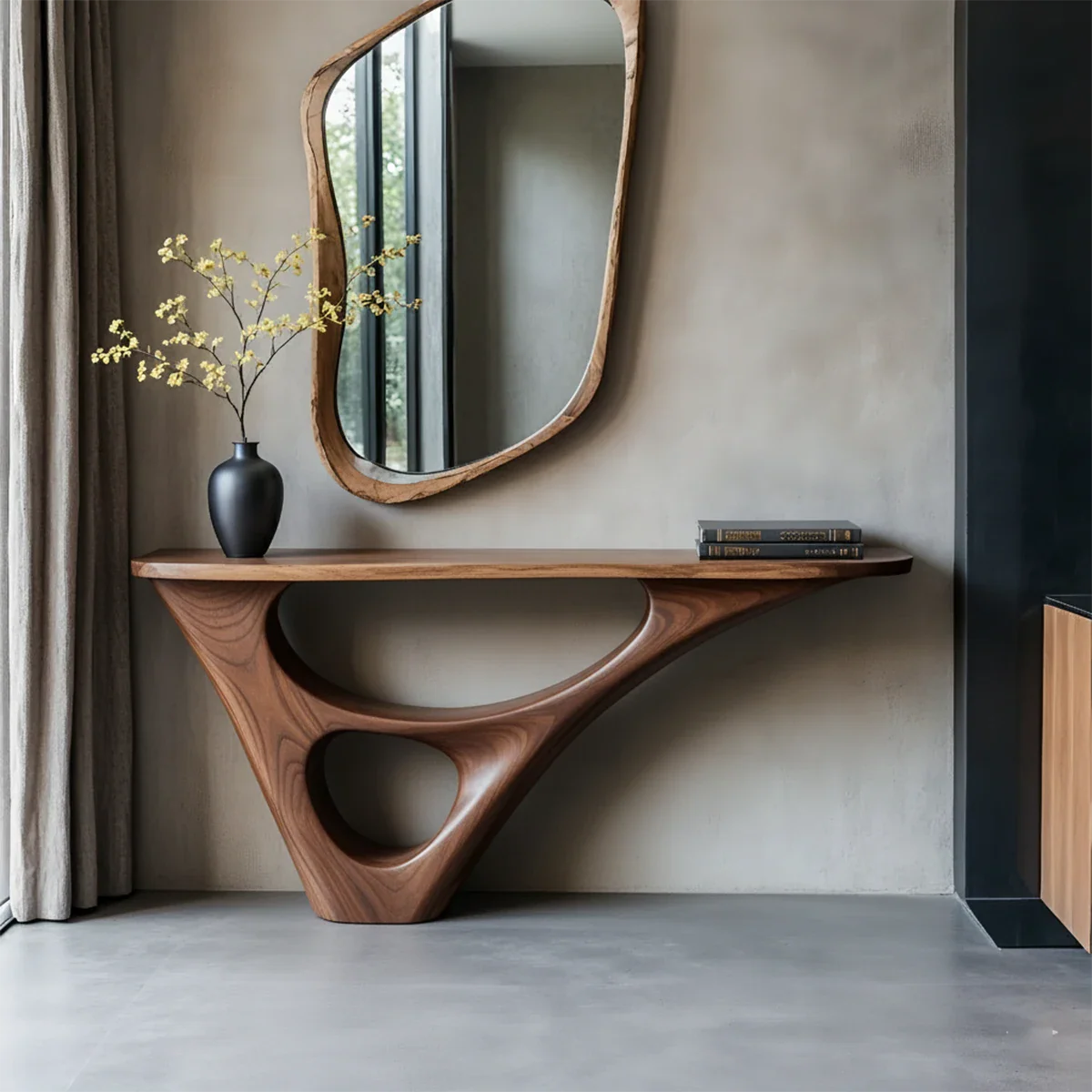 Solid Wood Sculptural Console Table with Fluid Carved Base - Rustira