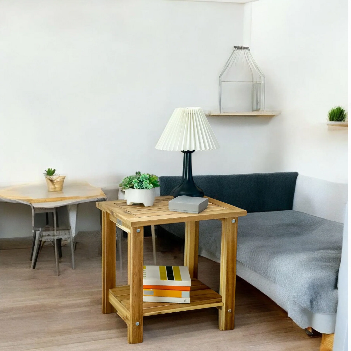 Solid Wood Side Table with Shelf – Natural Finish Accent Table 