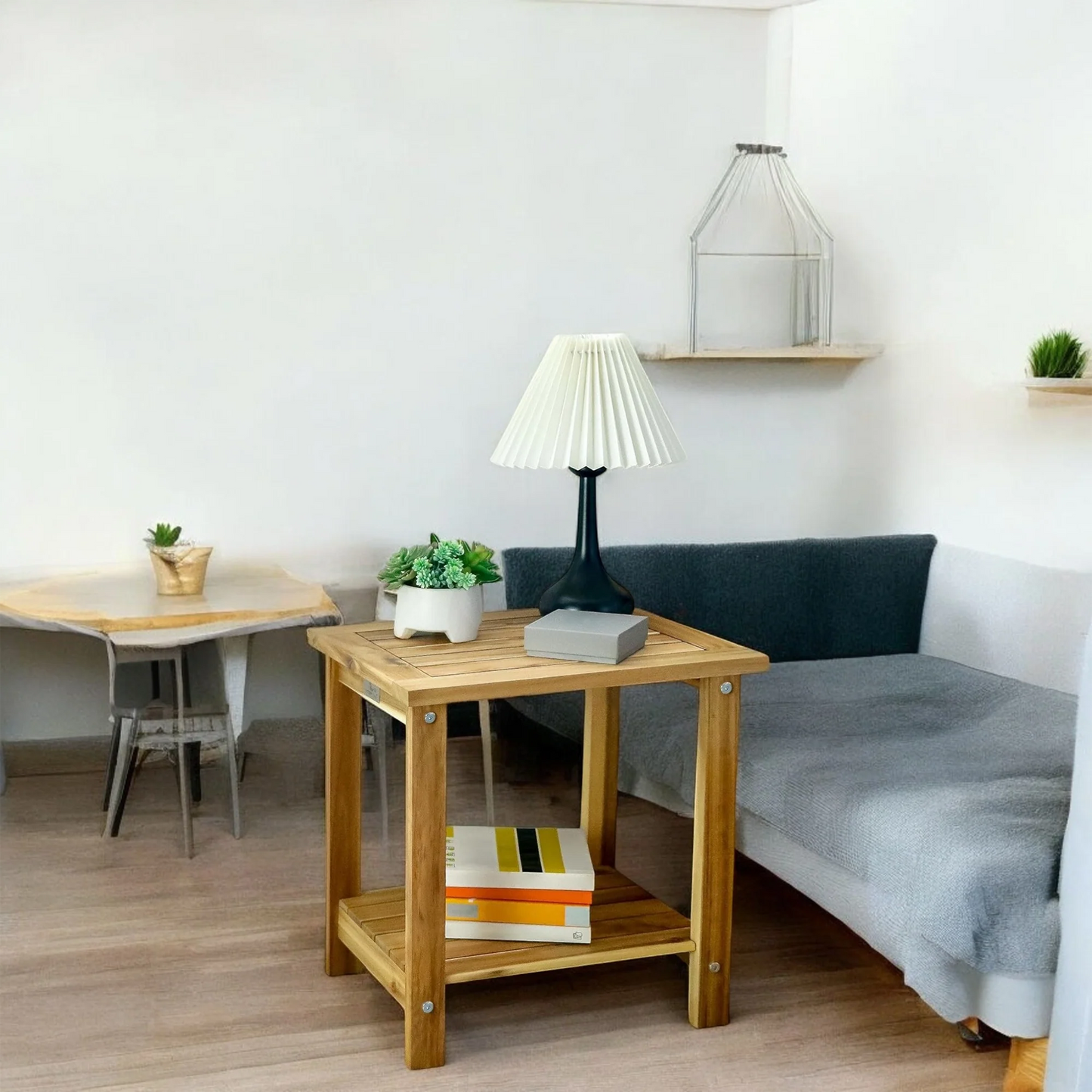 Solid Wood Side Table with Shelf – Natural Finish Accent Table 