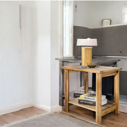 Solid Wood Side Table with Shelf – Natural Finish Accent Table 