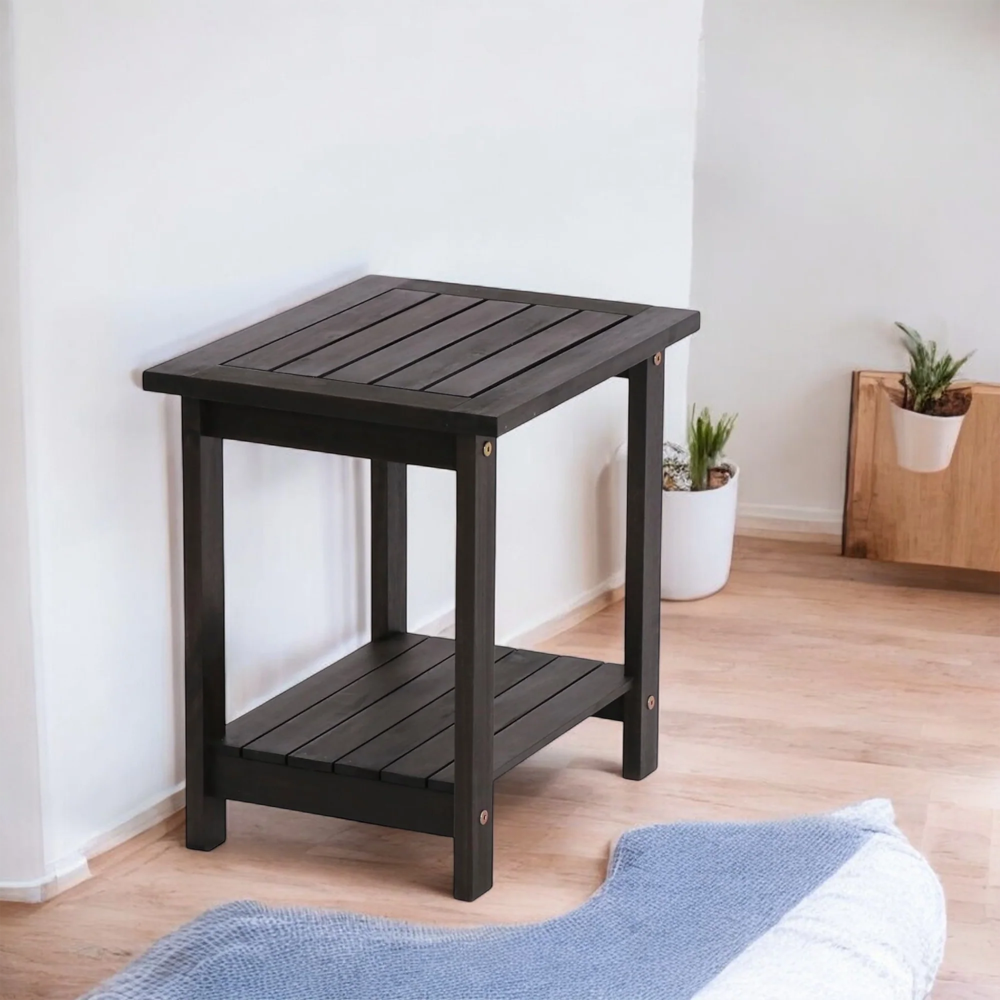 Solid Wood Side Table with Shelf – Natural Finish Accent Table 
