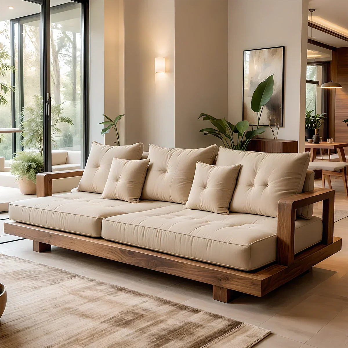 Solid Wood Sofa – Japandi Cotton Plush Serenity - Rustirawood