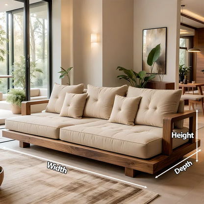 Solid Wood Sofa – Japandi Cotton Plush Serenity - Rustirawood