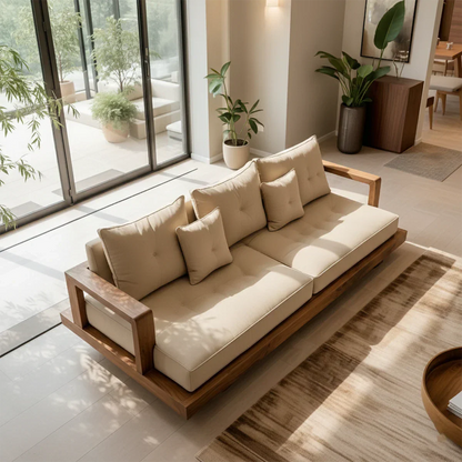 Solid Wood Sofa – Japandi Cotton Plush Serenity - Rustirawood