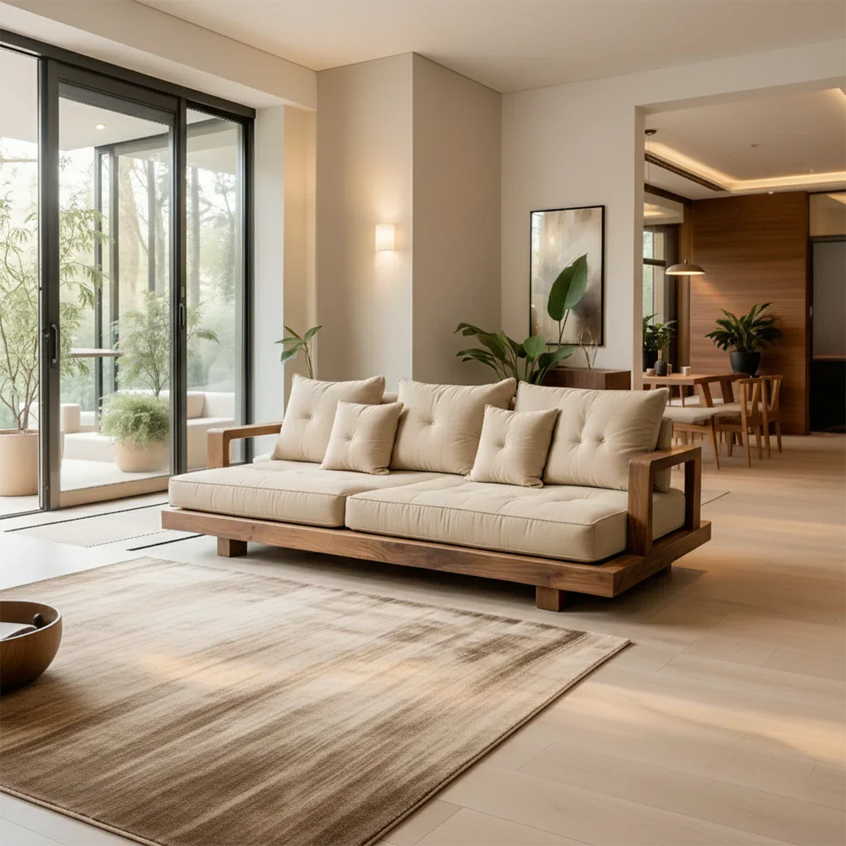 Solid Wood Sofa – Japandi Cotton Plush Serenity - Rustirawood