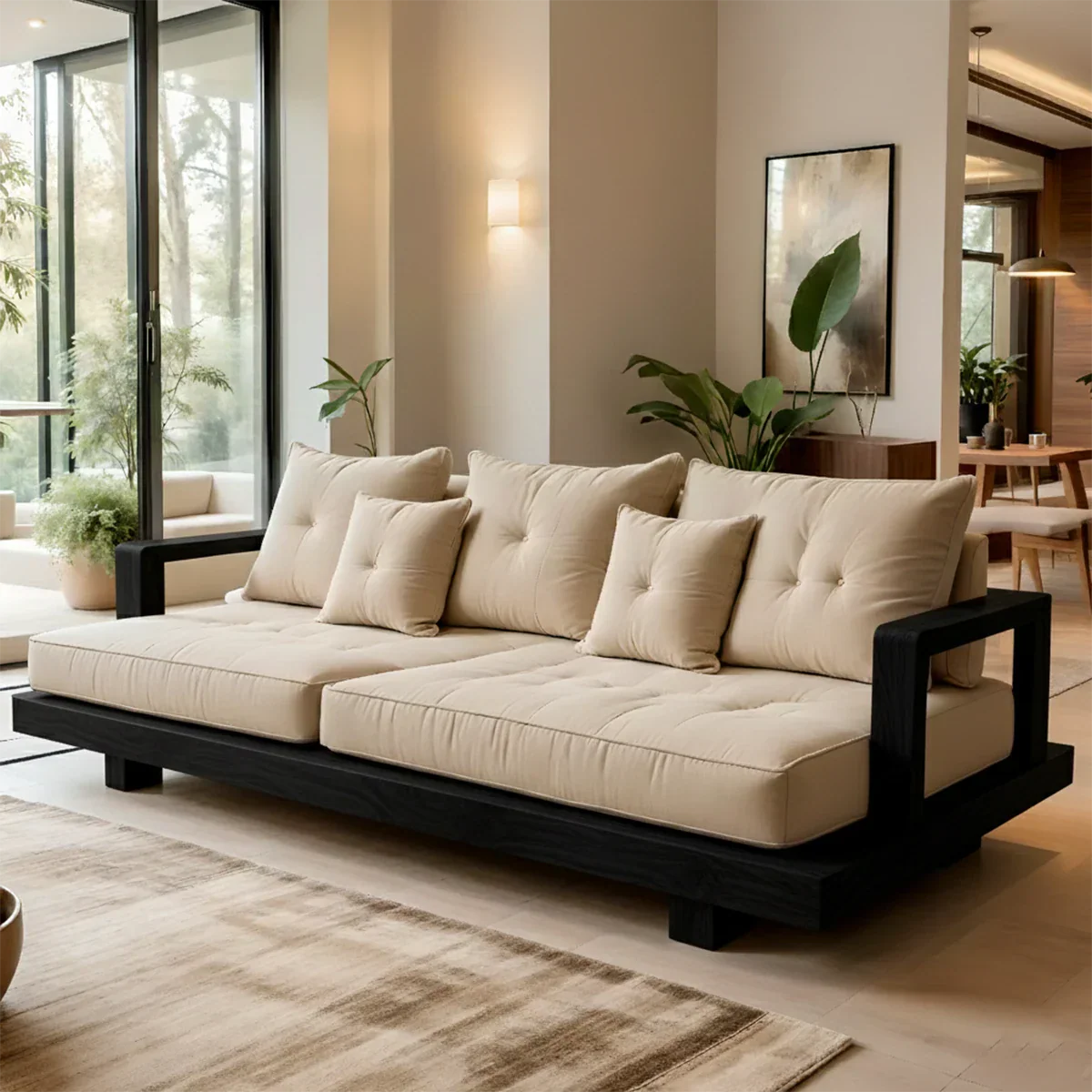 Solid Wood Sofa – Japandi Cotton Plush Serenity - Rustirawood