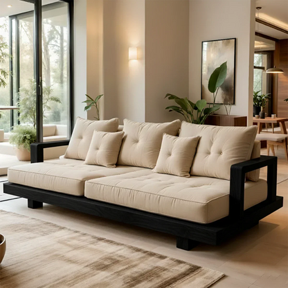 Solid Wood Sofa – Japandi Cotton Plush Serenity - Rustirawood