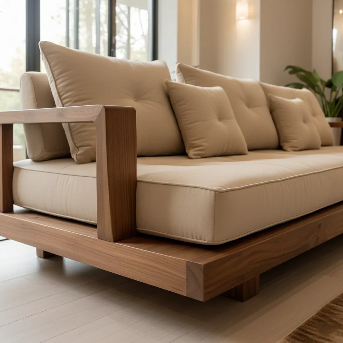 Solid Wood Sofa – Japandi Cotton Plush Serenity - Rustirawood