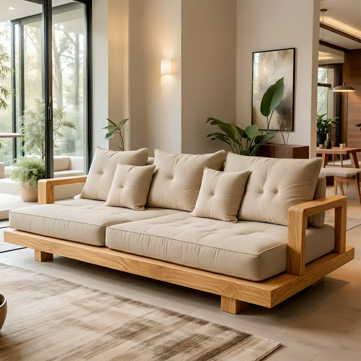 Solid Wood Sofa – Japandi Cotton Plush Serenity - Rustirawood