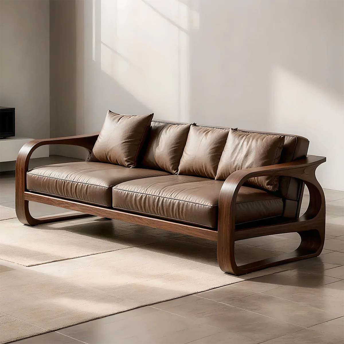 Solid Wood Sofa – Modern Leather Elegance - Rustirawood