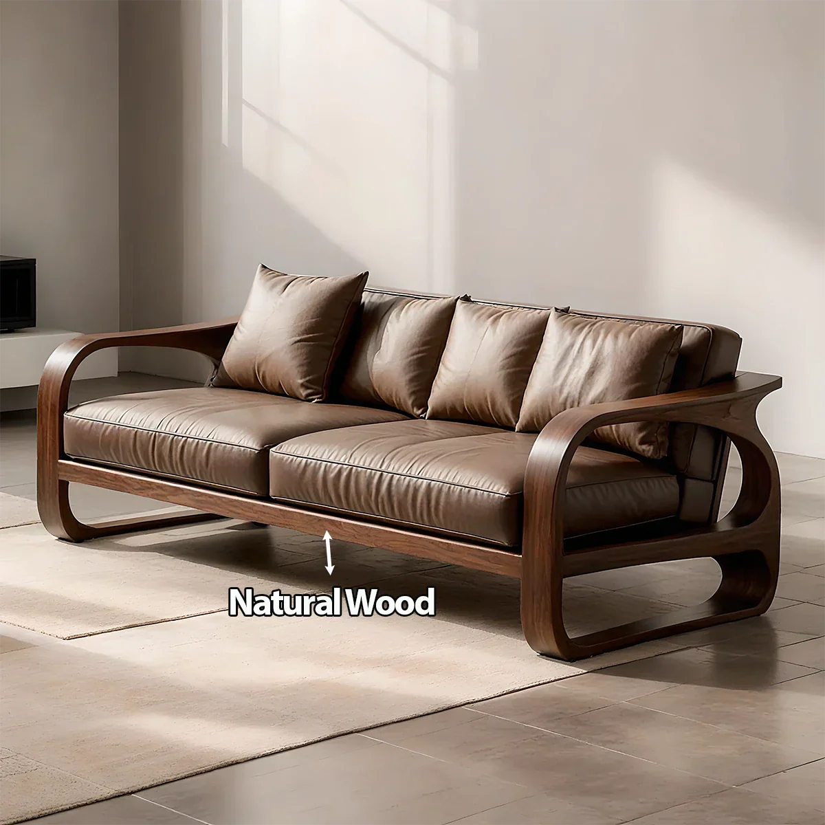 Solid Wood Sofa – Modern Leather Elegance - Rustirawood
