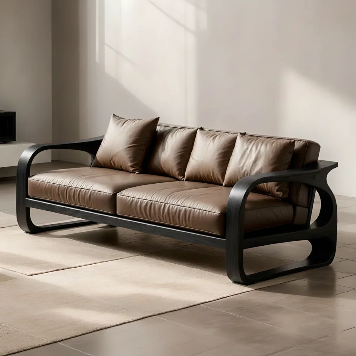 Solid Wood Sofa – Modern Leather Elegance - Rustirawood