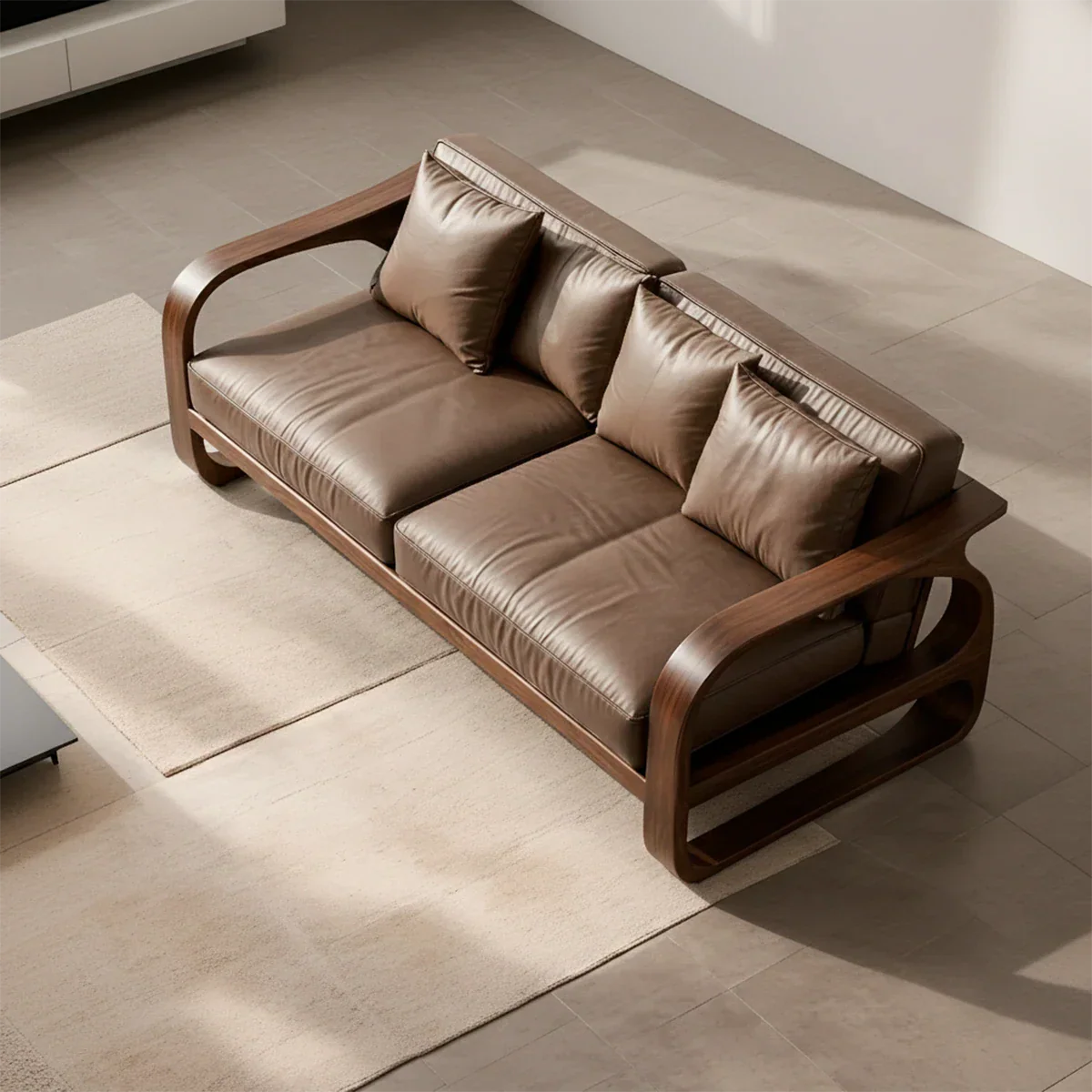 Solid Wood Sofa – Modern Leather Elegance - Rustirawood
