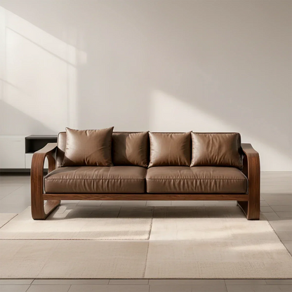 Solid Wood Sofa – Modern Leather Elegance - Rustirawood