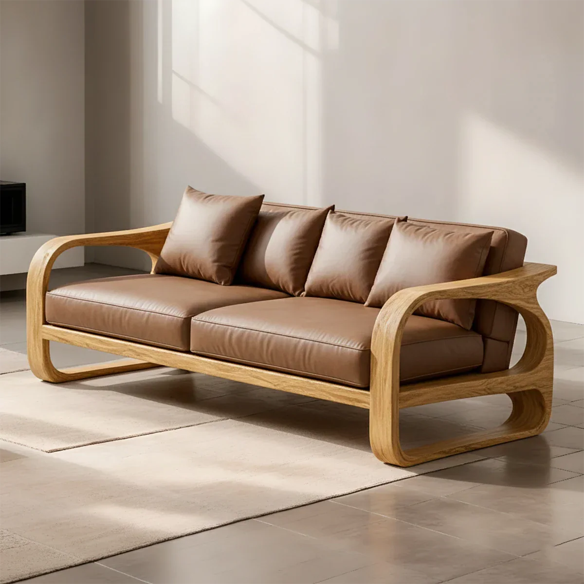 Solid Wood Sofa – Modern Leather Elegance - Rustirawood