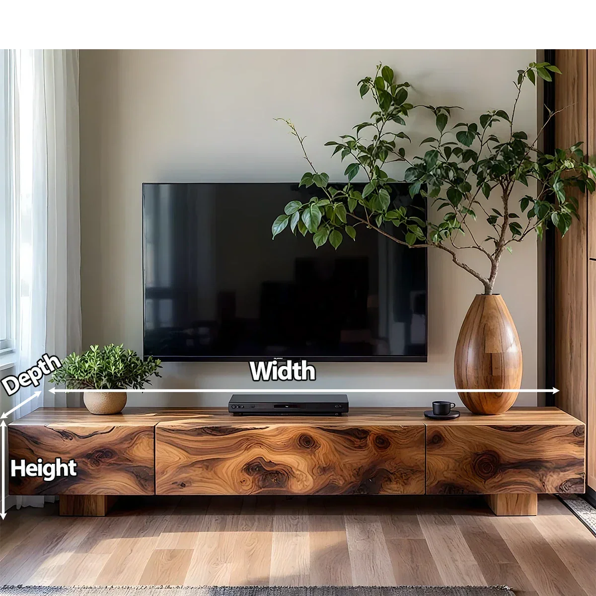 Solid Wood TV Stand – Natural Finish Wabi Sabi Media Console with Deep Grain Texture - Rustirawood