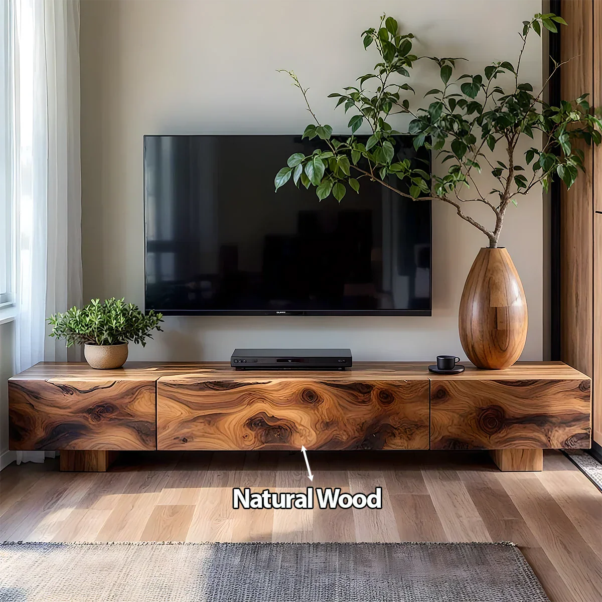 Solid Wood TV Stand – Natural Finish Wabi Sabi Media Console with Deep Grain Texture - Rustirawood