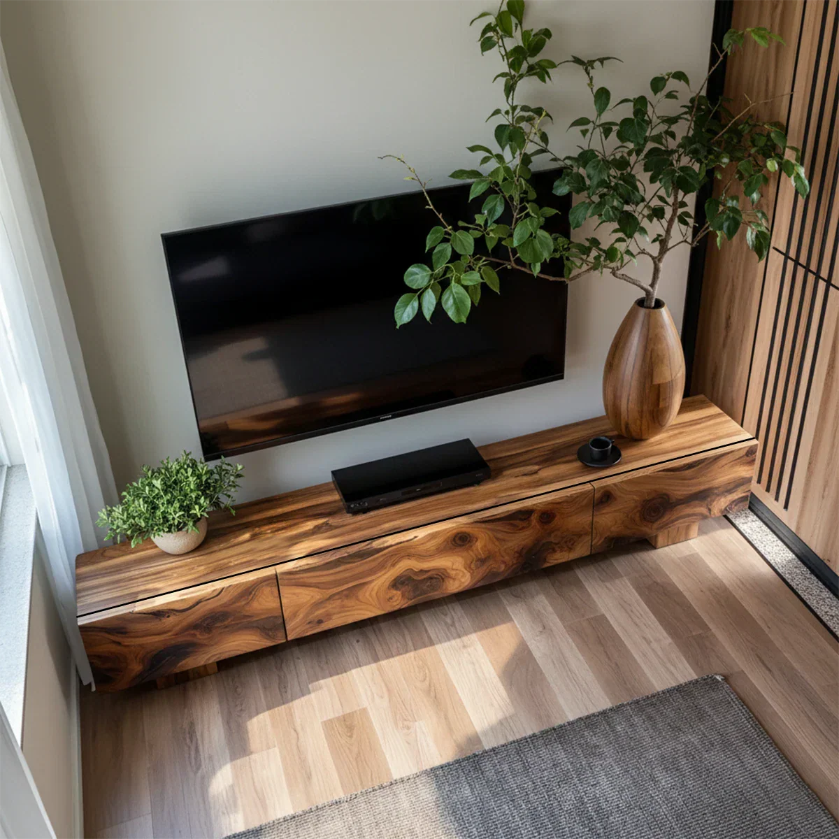 Solid Wood TV Stand – Natural Finish Wabi Sabi Media Console with Deep Grain Texture - Rustirawood