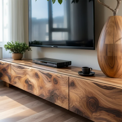 Solid Wood TV Stand – Natural Finish Wabi Sabi Media Console with Deep Grain Texture - Rustirawood
