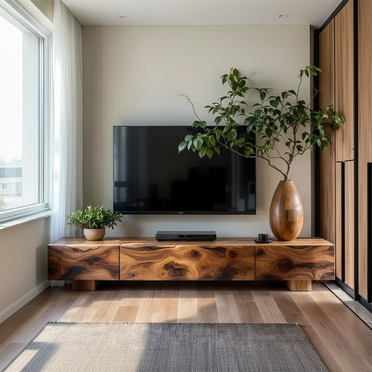 Solid Wood TV Stand – Natural Finish Wabi Sabi Media Console with Deep Grain Texture - Rustirawood