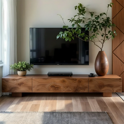 Solid Wood TV Stand – Natural Finish Wabi Sabi Media Console with Deep Grain Texture - Rustirawood
