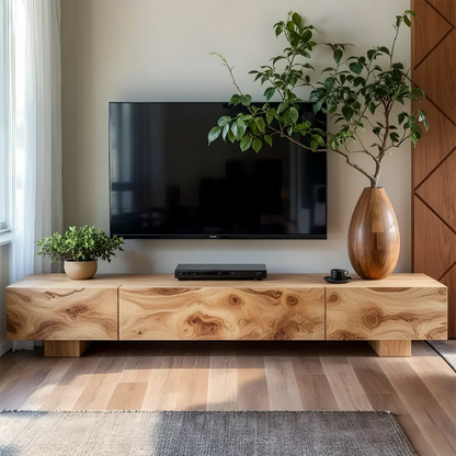 Solid Wood TV Stand – Natural Finish Wabi Sabi Media Console with Deep Grain Texture - Rustirawood