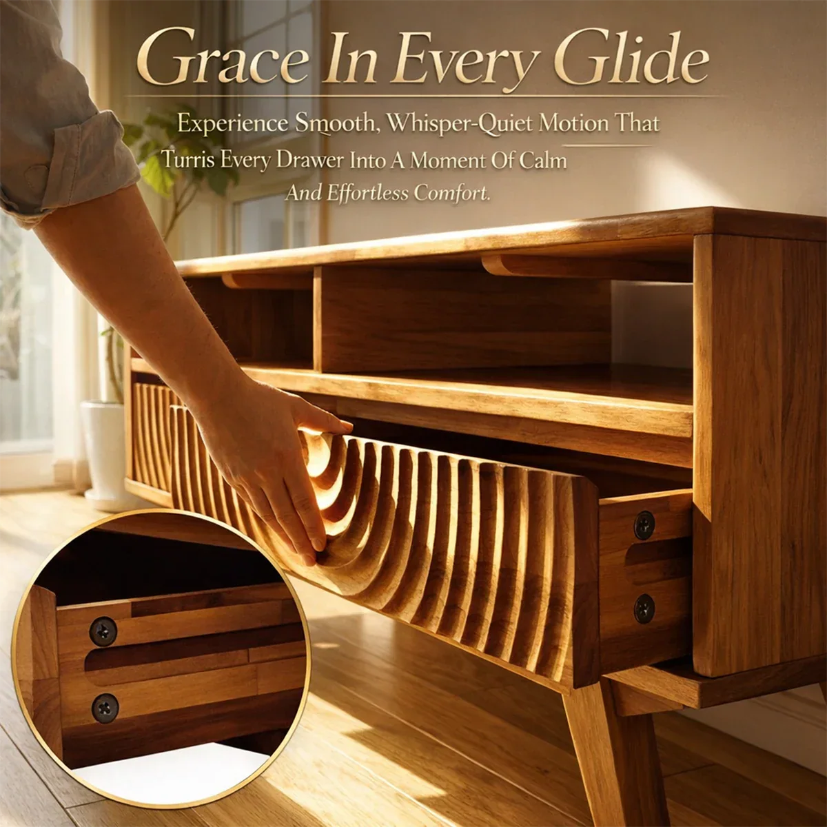 Solid Wood TV Stand – Natural Finish Wabi Sabi Media Console with Deep Grain Texture - Rustirawood