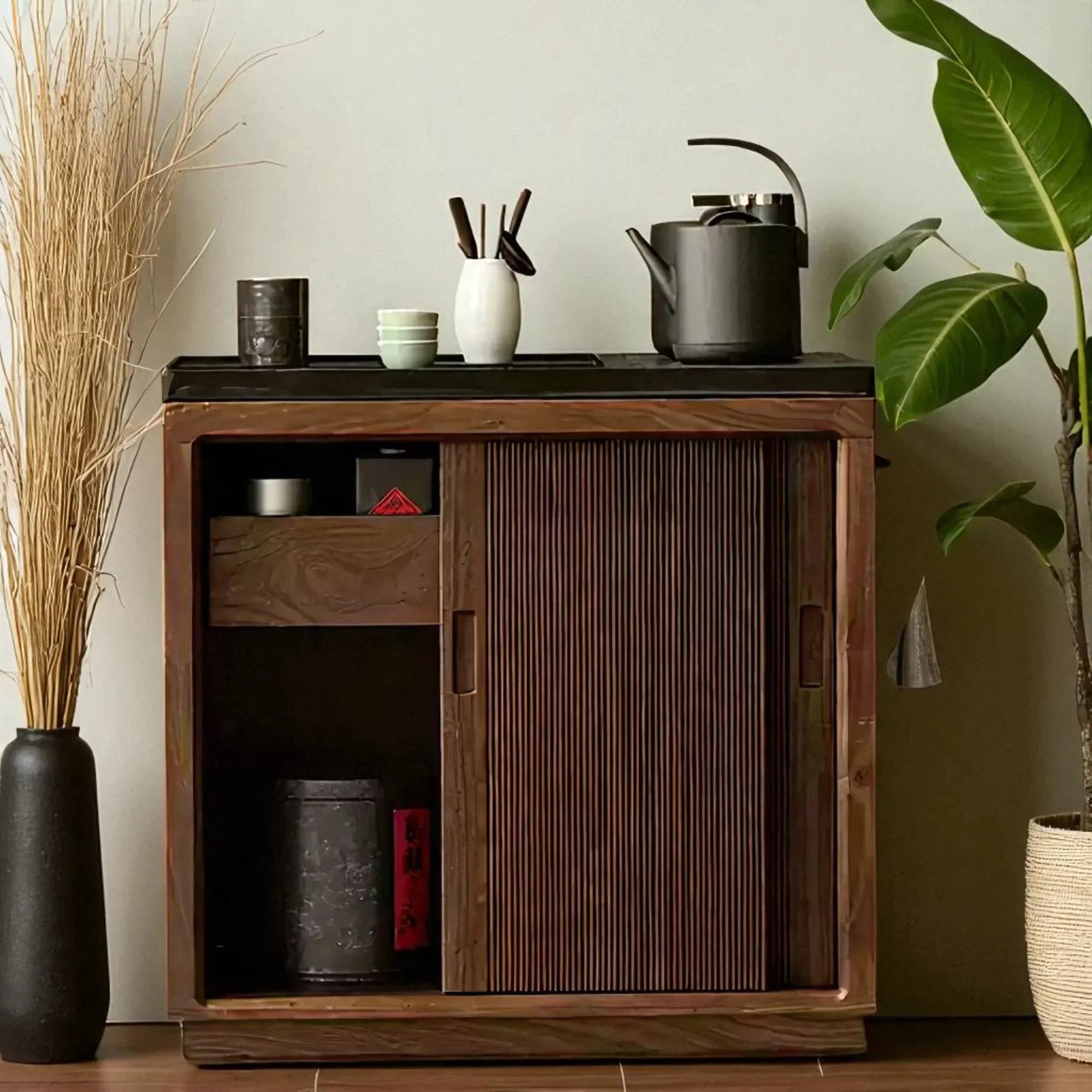 Solid Wood Tea Cabinet – Sliding Door Asian Style Design - Rustira