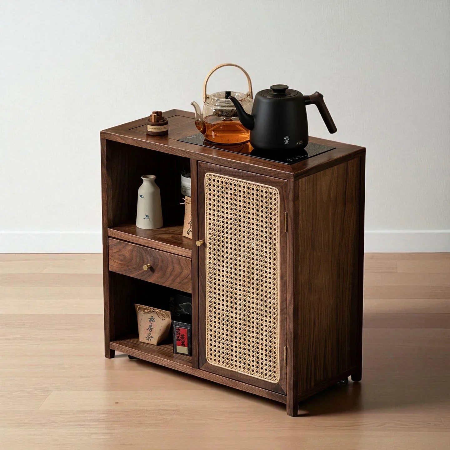 Solid Wood Tea Cabinet with Rattan Door – Storage & Brewing - Rustira