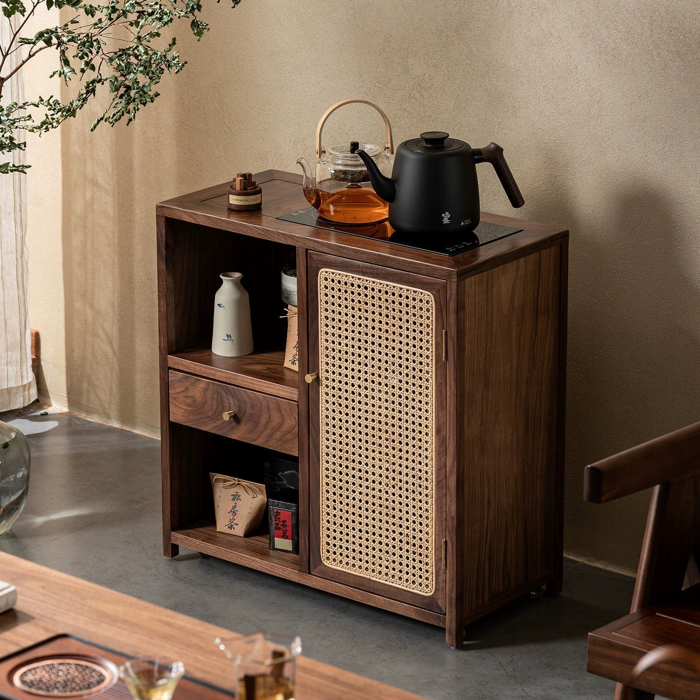 Solid Wood Tea Cabinet with Rattan Door – Storage & Brewing - Rustira