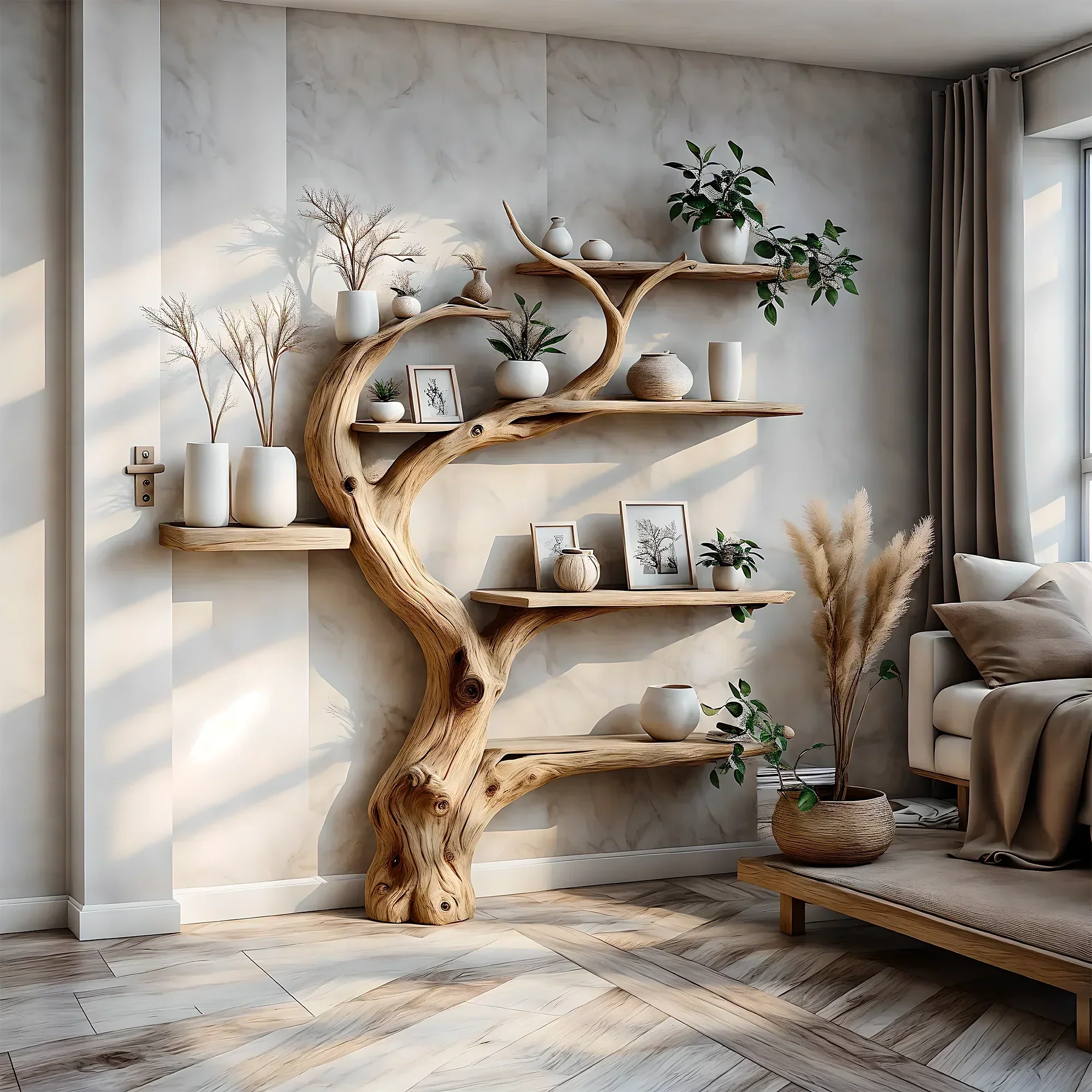 Tree branch bookshelf decorated with driftwood. Solid wood bookshelf decorates interior walls 