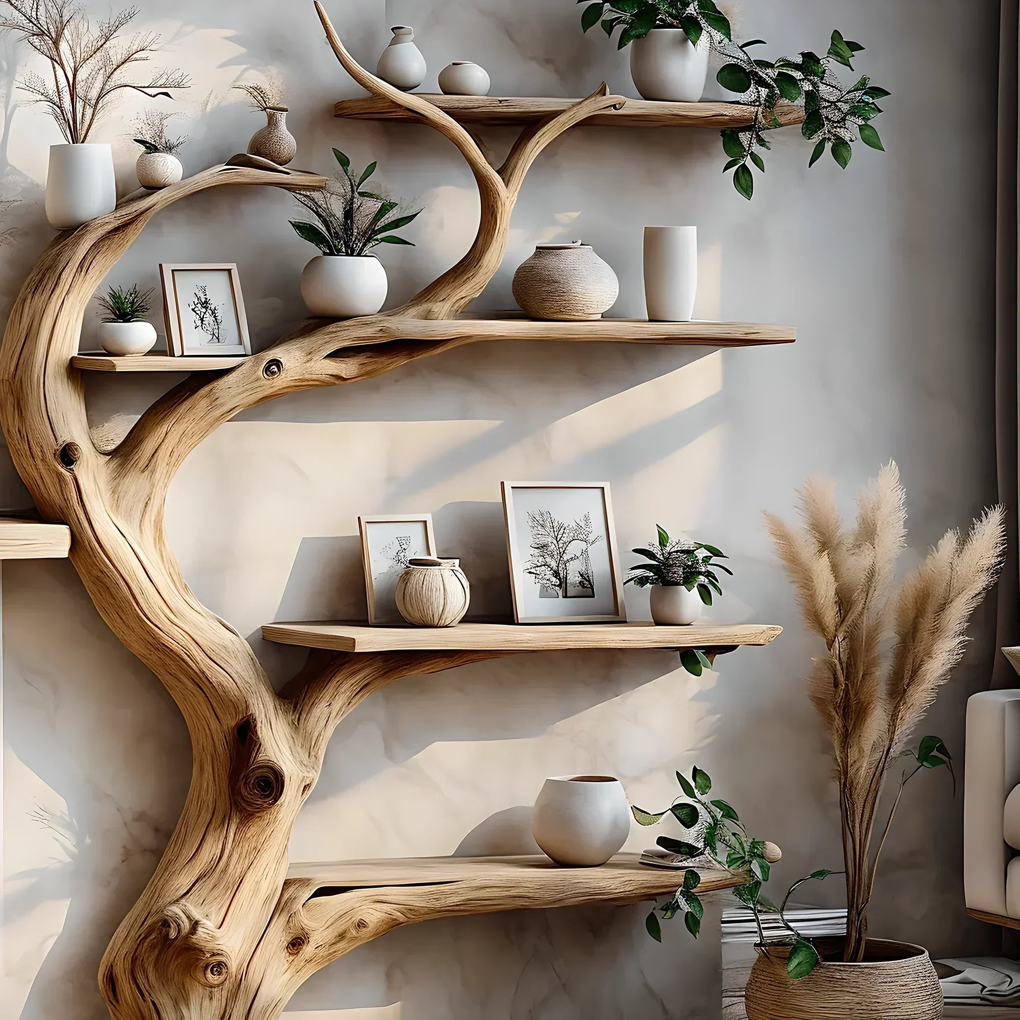 Tree branch bookshelf decorated with driftwood. Solid wood bookshelf decorates interior walls 