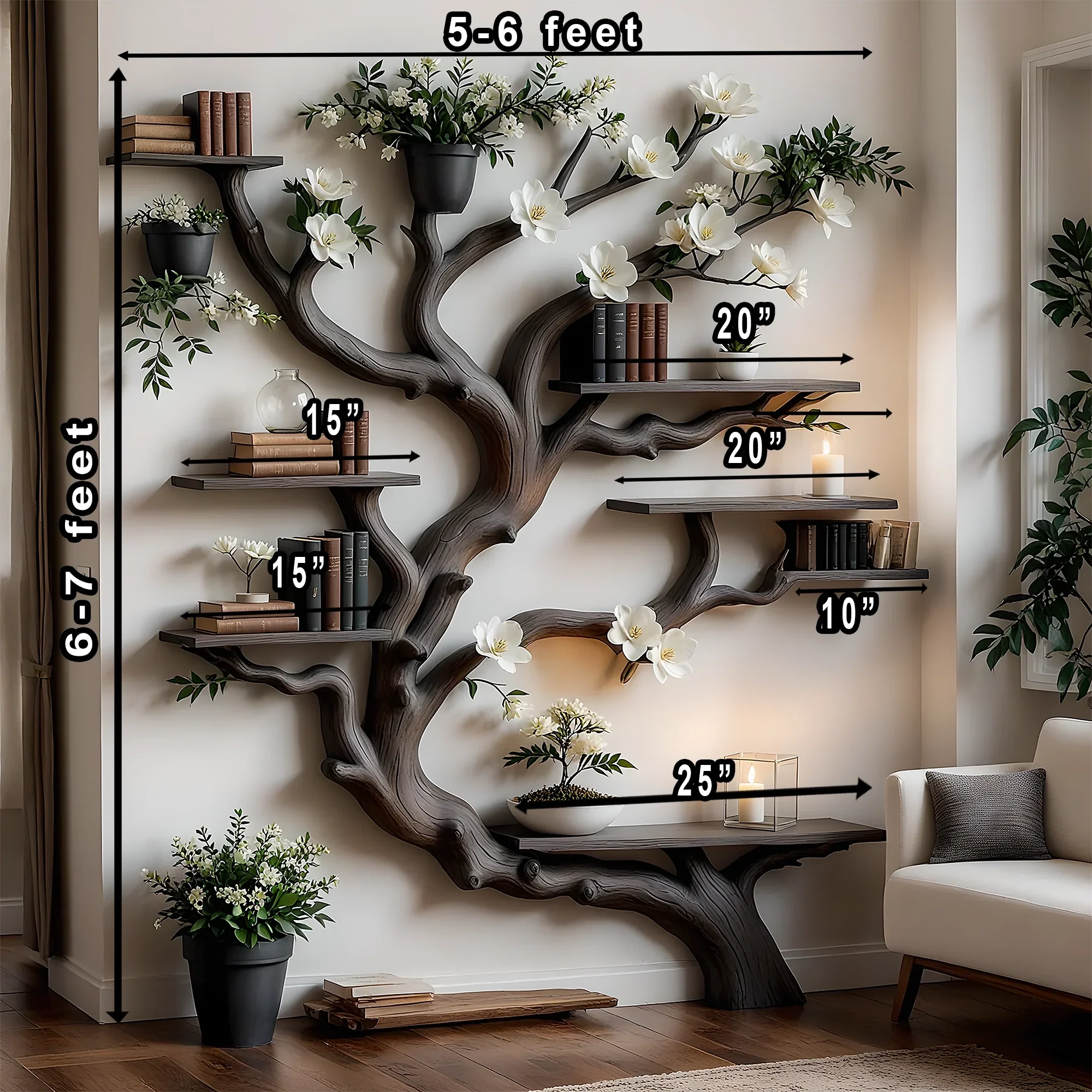 Solid Wood Tree Bookshelf – Nature Theme Decor for Living Room or Nursery 