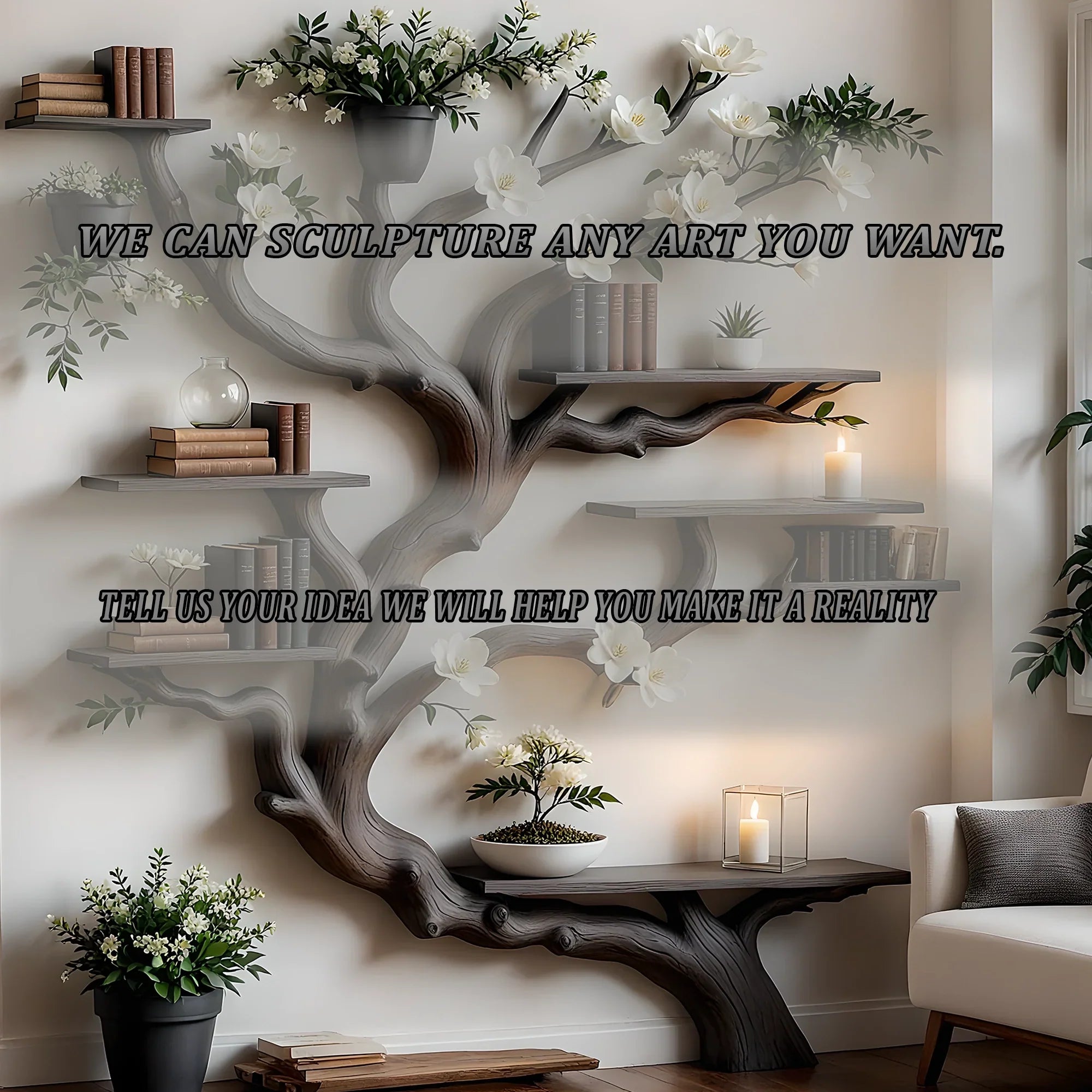 Solid Wood Tree Bookshelf – Nature Theme Decor for Living Room or Nursery 