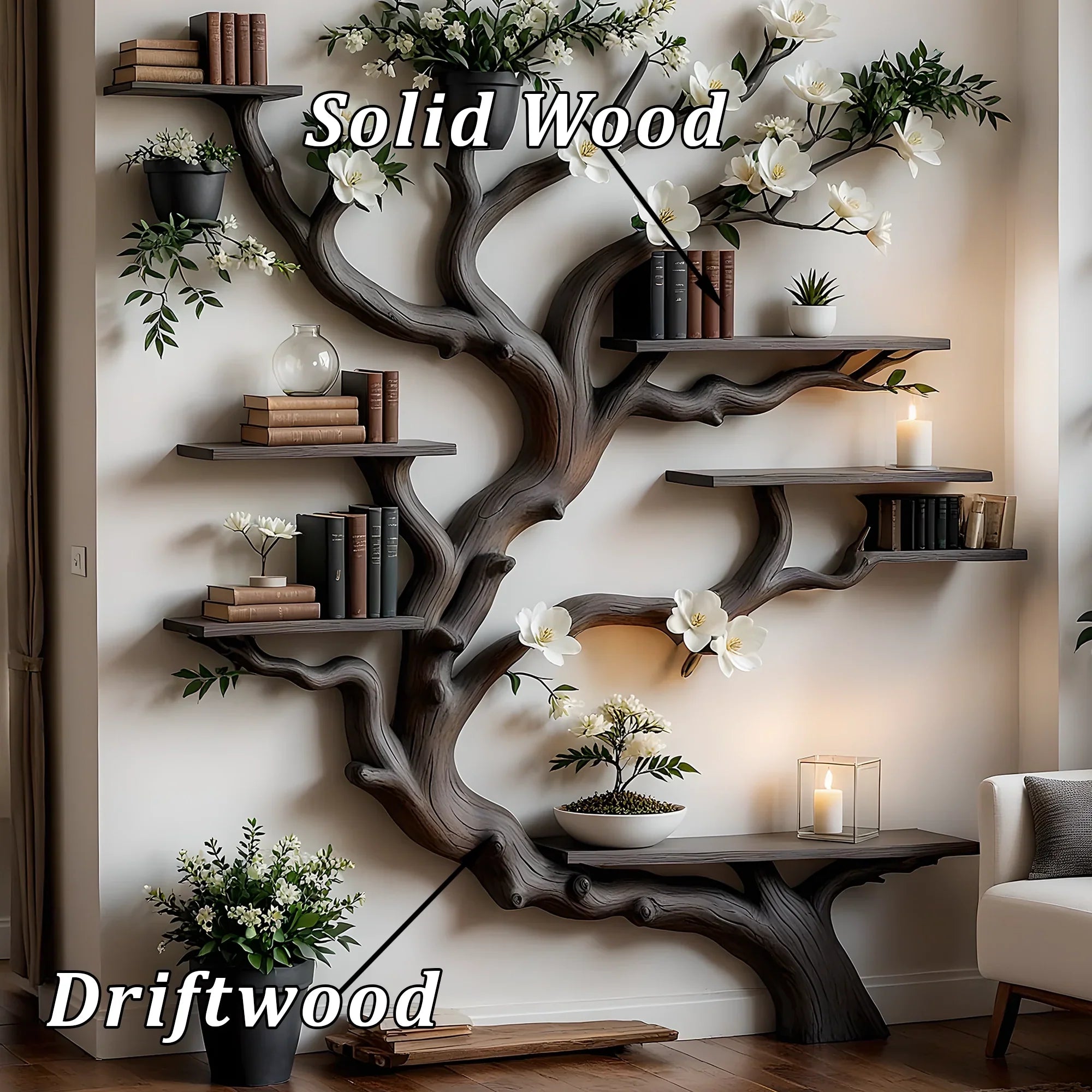 Solid Wood Tree Bookshelf – Nature Theme Decor for Living Room or Nursery 