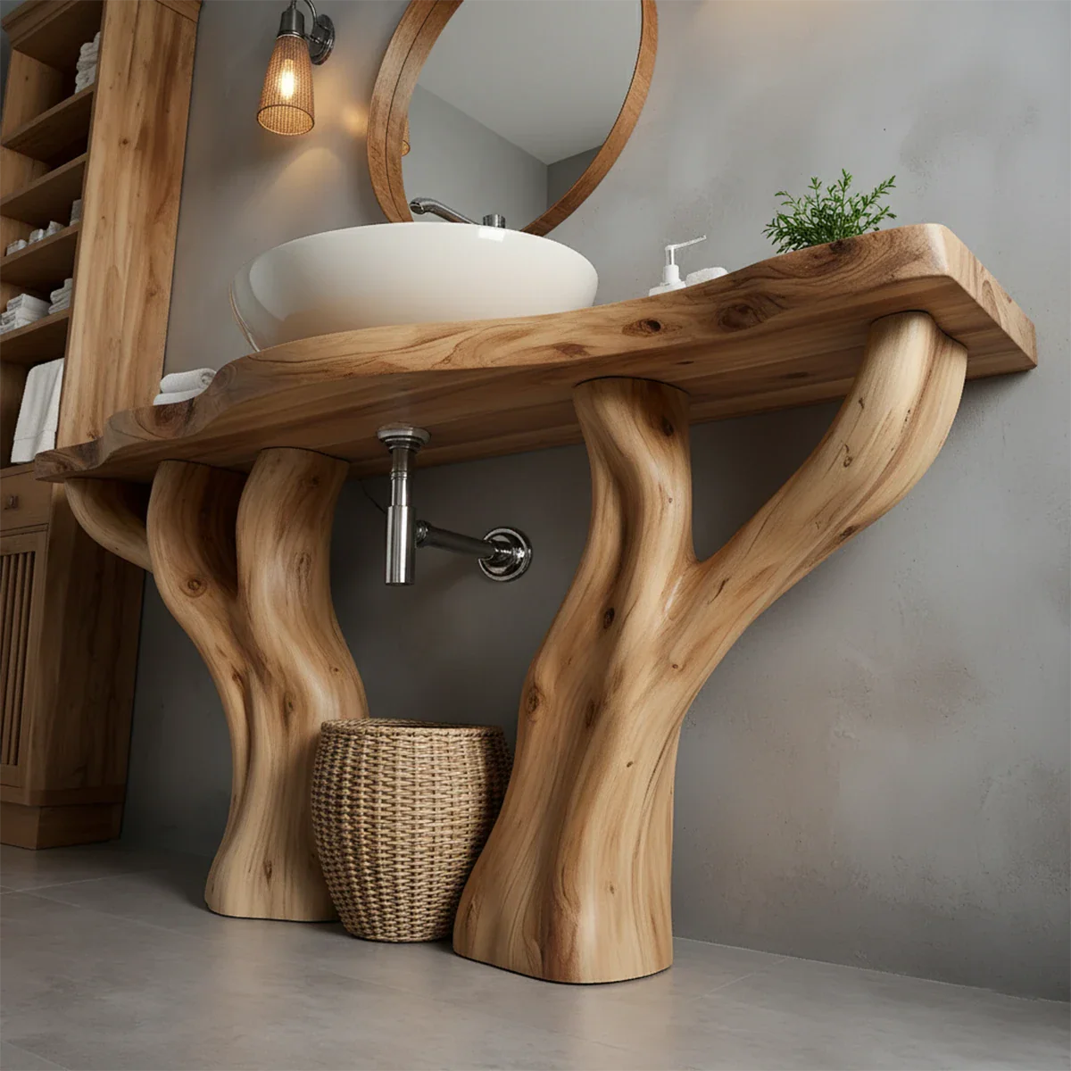 Solid Wood Tree-Form Bathroom Vanity – Natural Live-Edge Countertop - Rustira